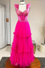 Magenta Tulle A Line Prom Dress Evening Dress