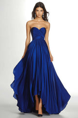 Maxi A Line Royal Blue Wedding Guest Dress Pleated Asymmetric Chiffon Strapless Formal Dress