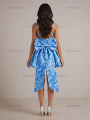 Dressystars Mediterranean Blue Toile Square Neck Homecoming Mini Dress with Trailing Bow