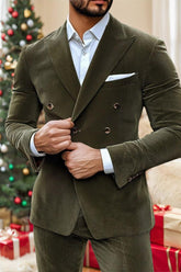 Men's Army Green Solid Corduroy Six-Button Double Breasted Party Suit