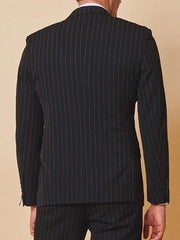 Men's Black Single-Breasted Two-Button Striped Suit For Weddings And Parties