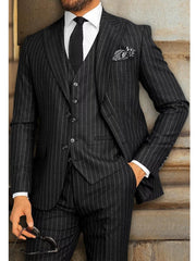 Men's Black Single-Breasted Two-Button Striped Suit For Weddings And Parties