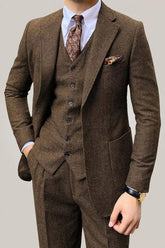 Men's Brown 3-Piece Single-Breasted Two-Button Suit For Weddings And Daily Wear