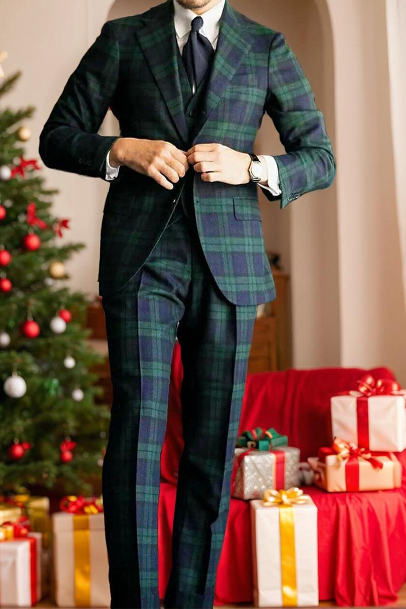 Men's Dark Green Plaid Wedding Suit - Tailored Fit Single Breasted 3 Piece With Two Buttons