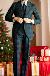 Men's Dark Green Plaid Wedding Suit - Tailored Fit Single Breasted 3 Piece With Two Buttons