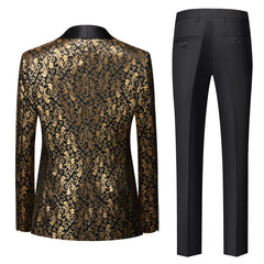Men's Gold Tailored Fit Single-Breasted 3-Piece Printed Prom Party Suit With One Button