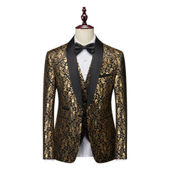 Men's Gold Tailored Fit Single-Breasted 3-Piece Printed Prom Party Suit With One Button