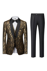 Men's Gold Tailored Fit Single-Breasted 3-Piece Printed Prom Party Suit With One Button