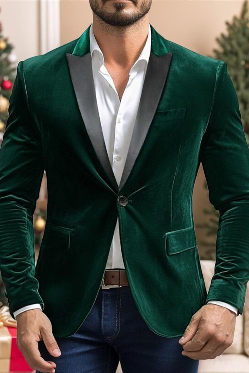 Men's Green Velvet Party Blazer With Notched Neck And Single Button