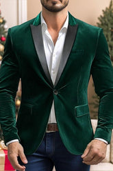 Men's Green Velvet Party Blazer With Notched Neck And Single Button