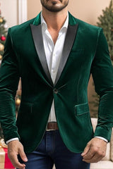 Men's Green Velvet Party Blazer With Notched Neck And Single Button