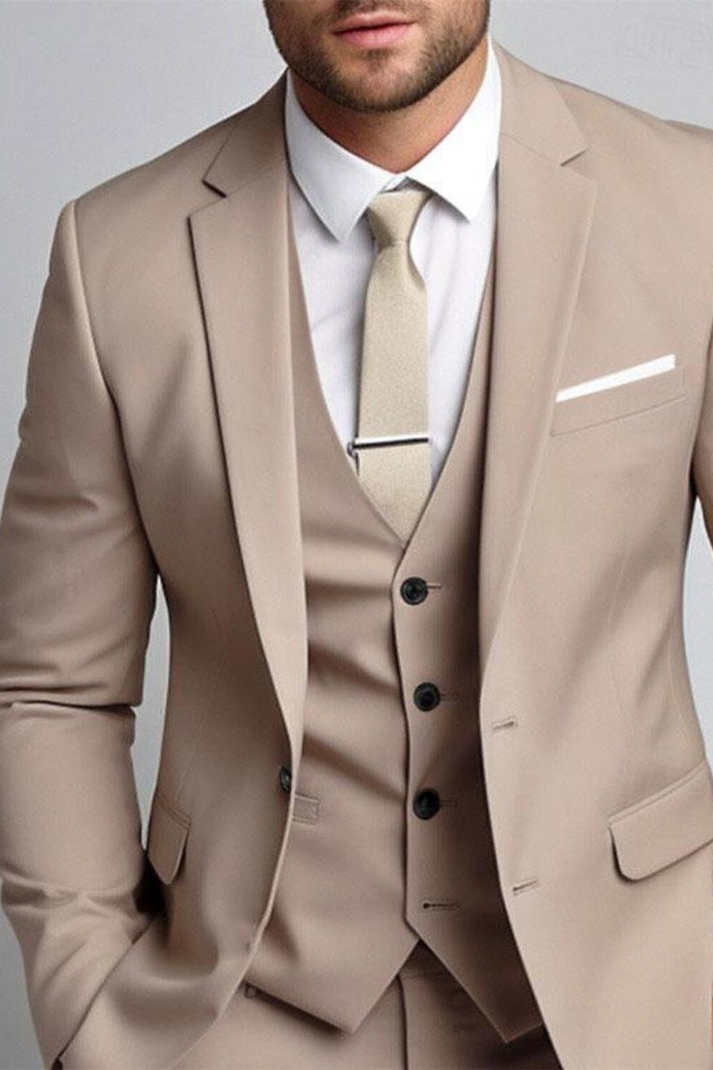 Men's Khaki Three-Piece Single-Breasted Two-Button Wedding Suit