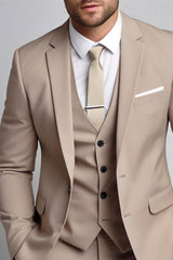 Men's Khaki Three-Piece Single-Breasted Two-Button Wedding Suit