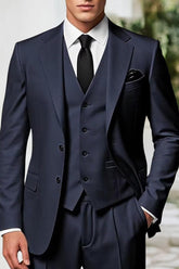 Men's Navy Blue Business Suit Set - Standard Fit Single Breasted 2-Button 3-Piece Wedding & Party Attire