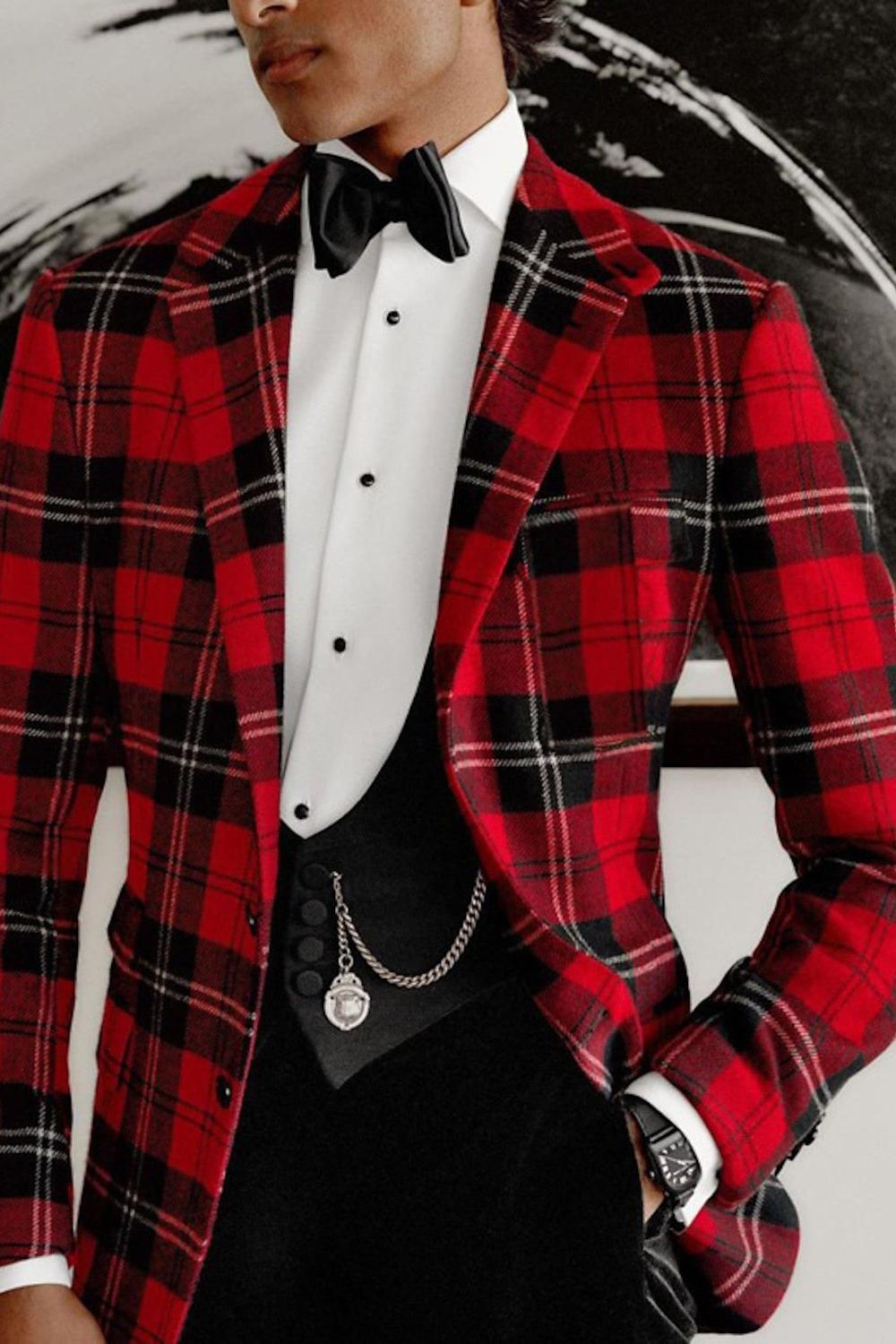 Men's Red Plaid Casual Jacket With Tailored Fit And Two-Button Single Breasted Design