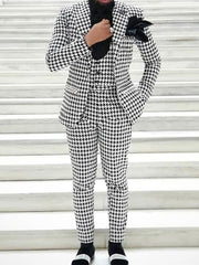 Men's Retro Black And White Tweed Single-Button Suit For Casual Or Wedding Parties