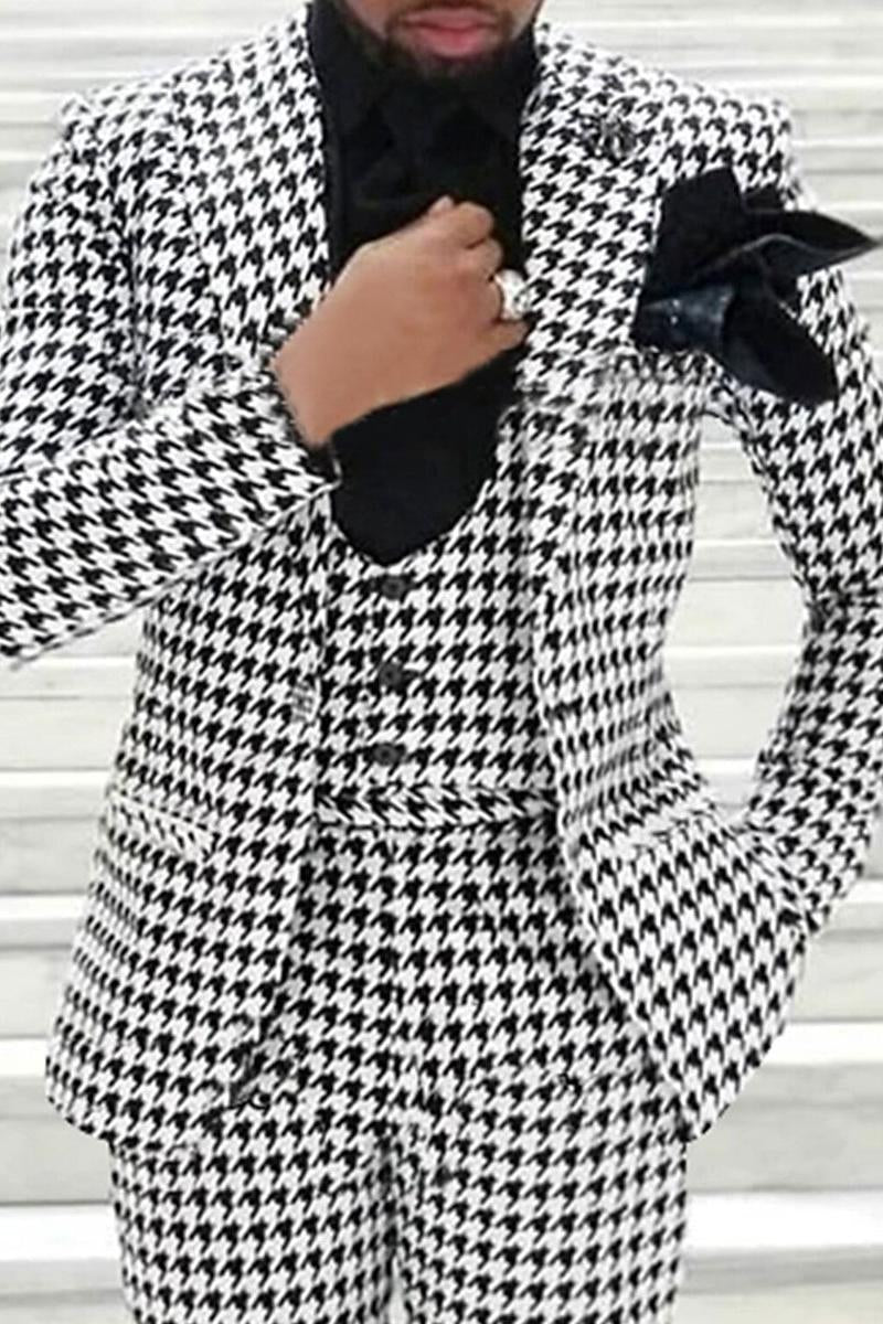 Men's Retro Black And White Tweed Single-Button Suit For Casual Or Wedding Parties