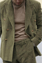 Men's Sage Corduroy Peak Neck Regular Fit Single Or Double Breasted Six-Button Party Jacket