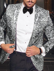 Men's Single-Breasted One-Button Tailored Fit Party Jacket In Gold And Silver Sequins