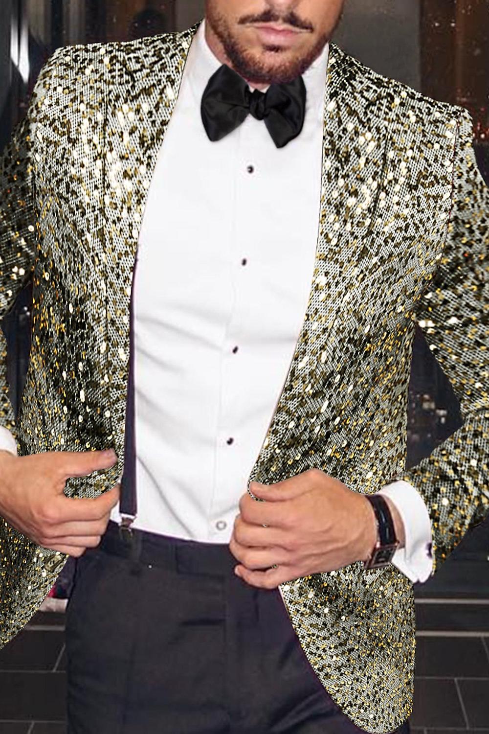 Men's Single-Breasted One-Button Tailored Fit Party Jacket In Gold And Silver Sequins