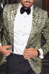 Men's Single-Breasted One-Button Tailored Fit Party Jacket In Gold And Silver Sequins