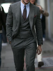 Men's Single Breasted Two-Button Wedding Suits In Dark Gray Peak Tweed