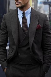 Men's Single Breasted Two-Button Wedding Suits In Dark Gray Peak Tweed