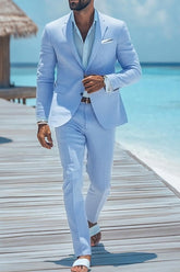 Men's Sky Blue Tailored Fit Two-Button Casual Beach Wedding Suit
