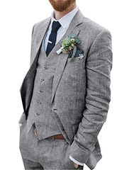 Men's Solid Colored Linen 3-Piece Suit With Tailored Fit And Two-Button Single Breasted Design