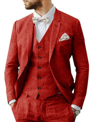 Men's Solid Colored Linen 3-Piece Suit With Tailored Fit And Two-Button Single Breasted Design