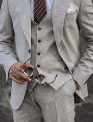 Men's Solid Colored Linen 3-Piece Suit With Tailored Fit And Two-Button Single Breasted Design