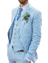 Men's Solid Colored Linen 3-Piece Suit With Tailored Fit And Two-Button Single Breasted Design