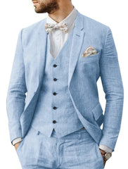 Men's Solid Colored Linen 3-Piece Suit With Tailored Fit And Two-Button Single Breasted Design