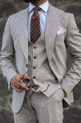 Men's Solid Colored Linen 3-Piece Suit With Tailored Fit And Two-Button Single Breasted Design