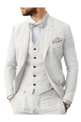 Men's Solid Colored Linen 3-Piece Suit With Tailored Fit And Two-Button Single Breasted Design