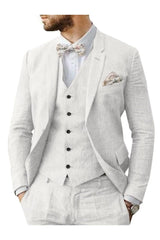 Men's Solid Colored Linen 3-Piece Suit With Tailored Fit And Two-Button Single Breasted Design