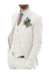 Men's Solid Colored Linen 3-Piece Suit With Tailored Fit And Two-Button Single Breasted Design