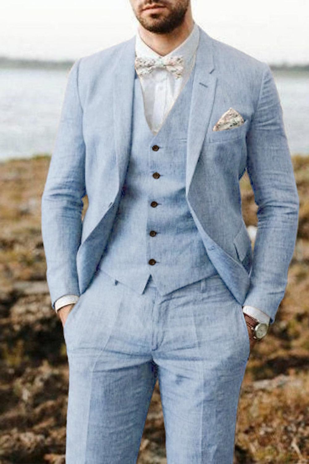 Men's Solid Colored Linen 3-Piece Suit With Tailored Fit And Two-Button Single Breasted