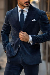Men's Solid Navy Blue Corduroy Party Jacket With Two Buttons