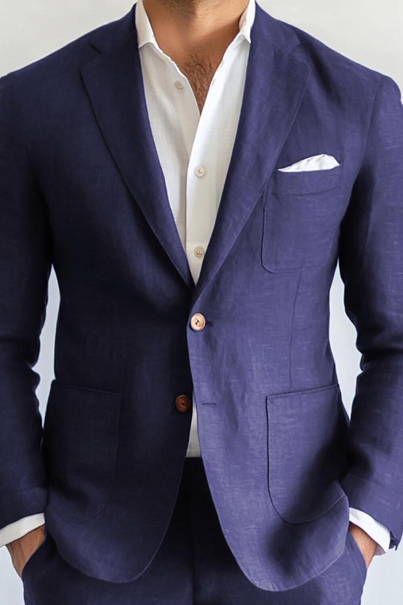 Men's Solid Navy Blue Two-Button Single Breasted Casual Business Suit Set