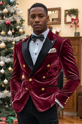 Men's Standard Fit Double Breasted Vintage Velvet Blazer With Six Buttons And Colored Patchwork