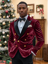 Men's Standard Fit Double Breasted Vintage Velvet Blazer With Six Buttons And Colored Patchwork