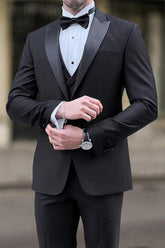 Men's Tailored Fit Black Khaki Single-Breasted One-Button Plaid Wedding Suit In 3 Pieces