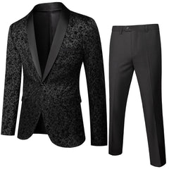 Men's Tailored Fit Single Breasted One-Button 2 Pieces Printed Prom Party Suits In Blue White Black And Burgundy