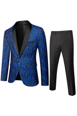 Men's Tailored Fit Single Breasted One-Button 2 Pieces Printed Prom Party Suits In Blue White Black And Burgundy
