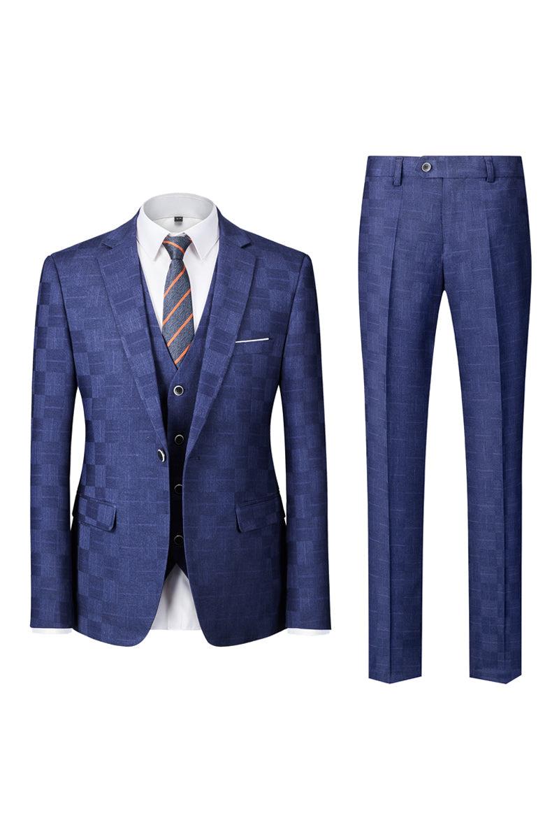 Men's Tailored Fit Single Breasted One-Button 3-Piece Plaid Wedding Suit In Blue Burgundy Black