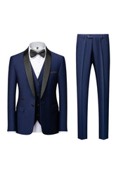 Men's Tailored Fit Single Breasted One-Button 3-Piece Wedding Suit In Blue Burgundy Gray Red And Black