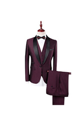Men's Tailored Fit Single Breasted One-Button 3-Piece Wedding Suit In Burgundy White And Blue