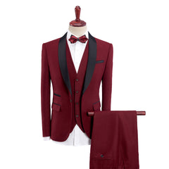 Men's Tailored Fit Single-Breasted One-Button 3-Piece Wedding Suit In Khaki Burgundy Blue Gray And Black