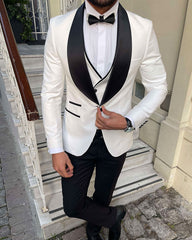Men's Tailored Fit White Champagne Gray One-Button Single Breasted 3-Piece Party Suit